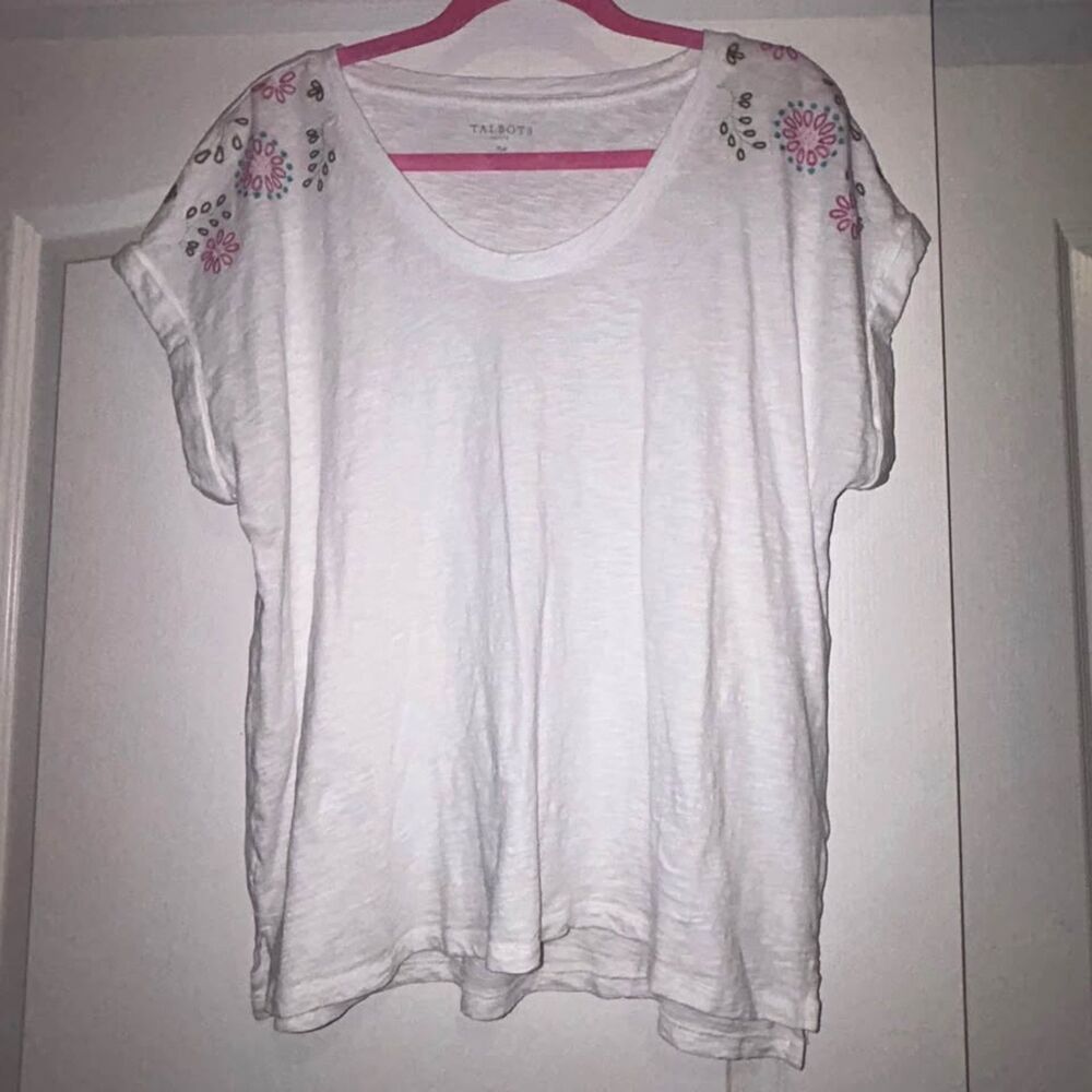 Talbots white short cap sleeve embroidered embroidery peasant boho shirt top XLP